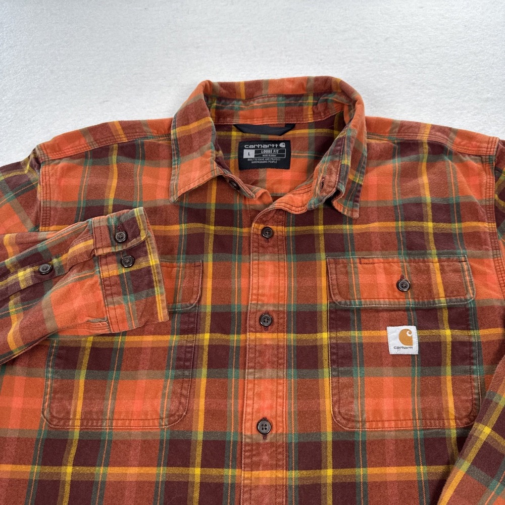 Carhartt Loose Fit Flannel Shirt Mens Size Large Orange Brown Plaid Cotton